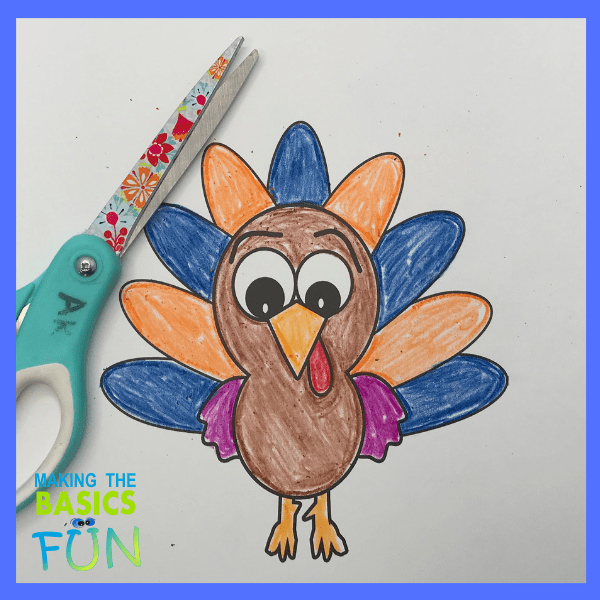 thanksgiving turkey craft turkey template being cut-out with scissors