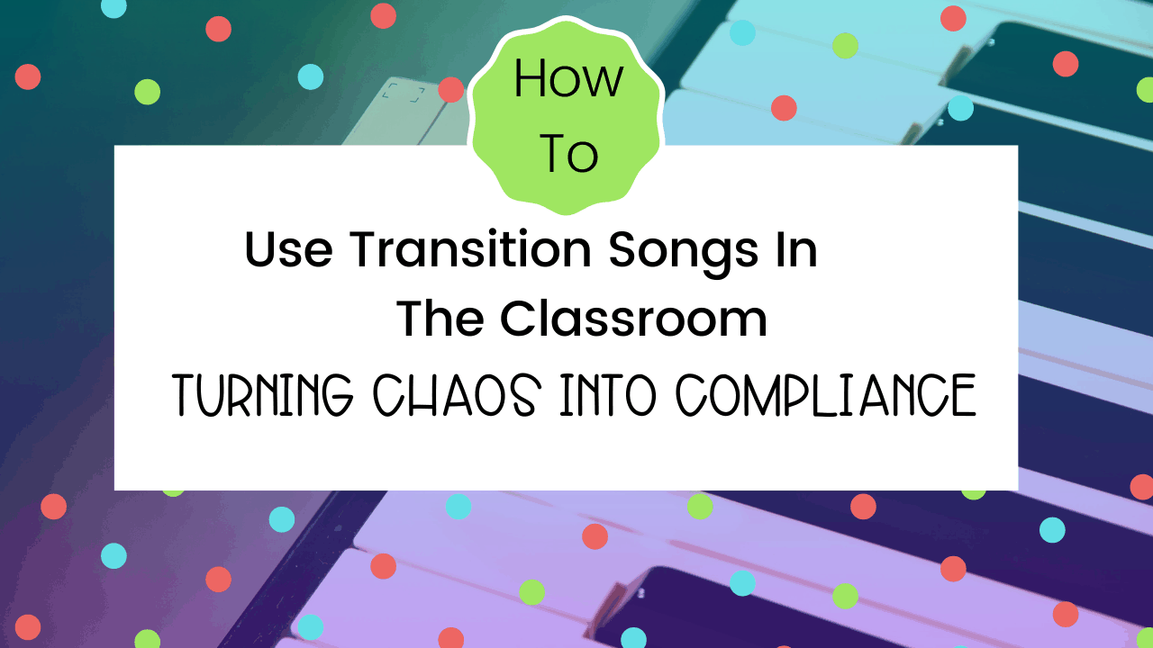 Graphic Title "How To Use Transition Songs in the Classroom" sub title "Turning Chaos Into Compliance" background piano keys