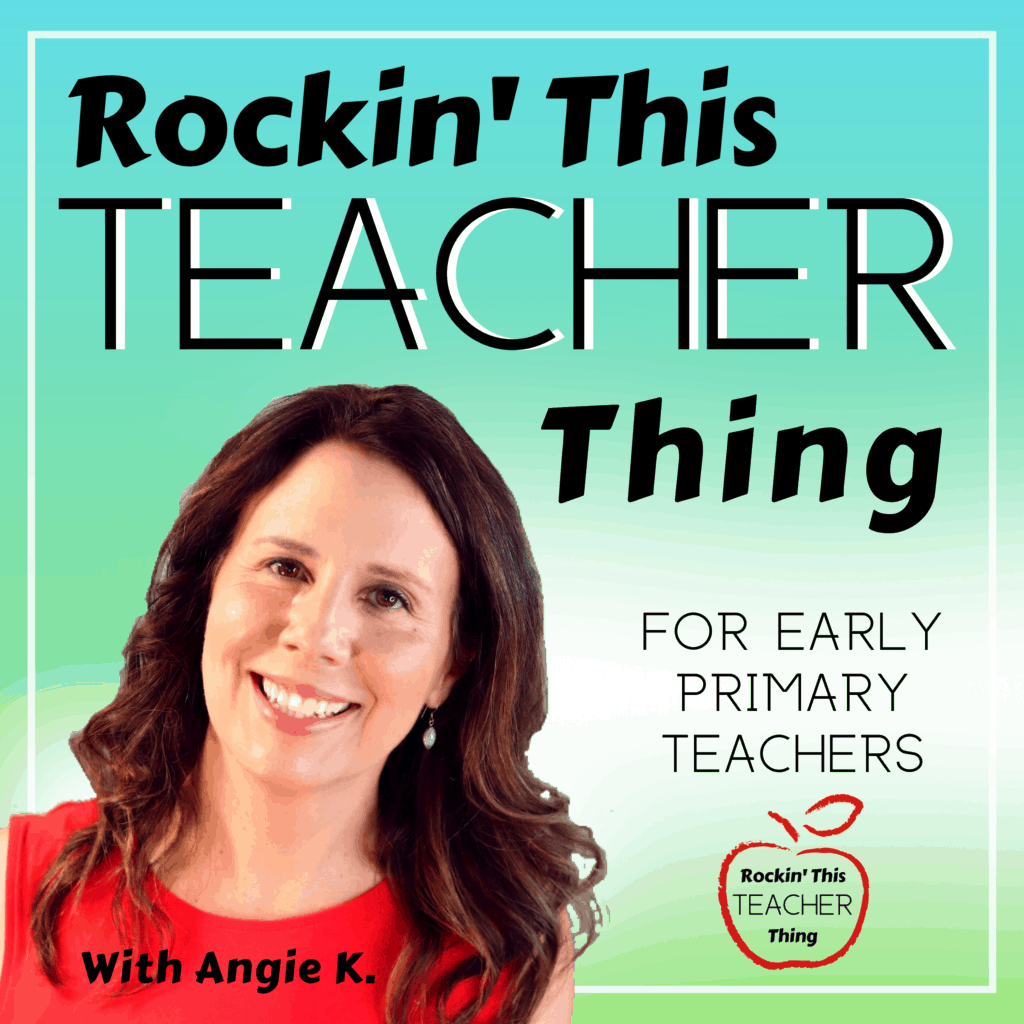 Cover for podcast Rockin' This Teacher Thing. Angie in red shirt