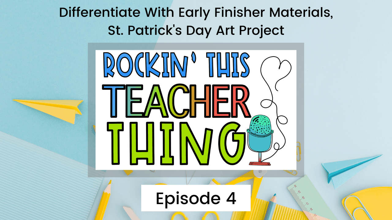 Title "Rockin' This Teacher Thing" with microphone. backgound desk top with scissors, colored pencils, paper airplanes