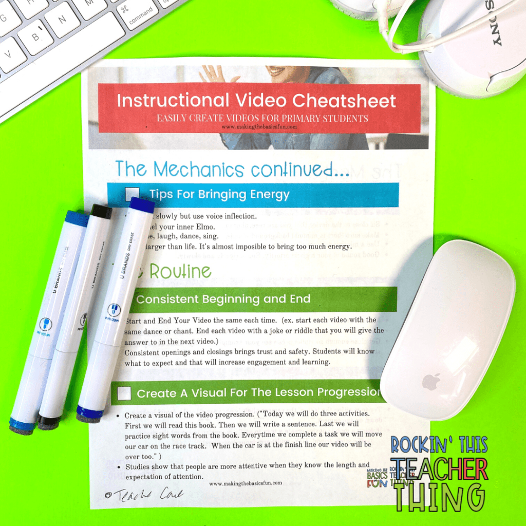 Instructional Video Cheat Sheet surrounded by a mouse, keyboard, headphones, markers