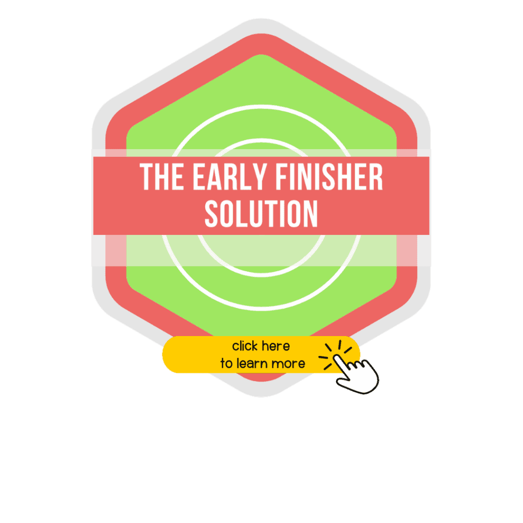 The Early Finisher Solution Logo- Hexagon shape with a hand and button below "click here"