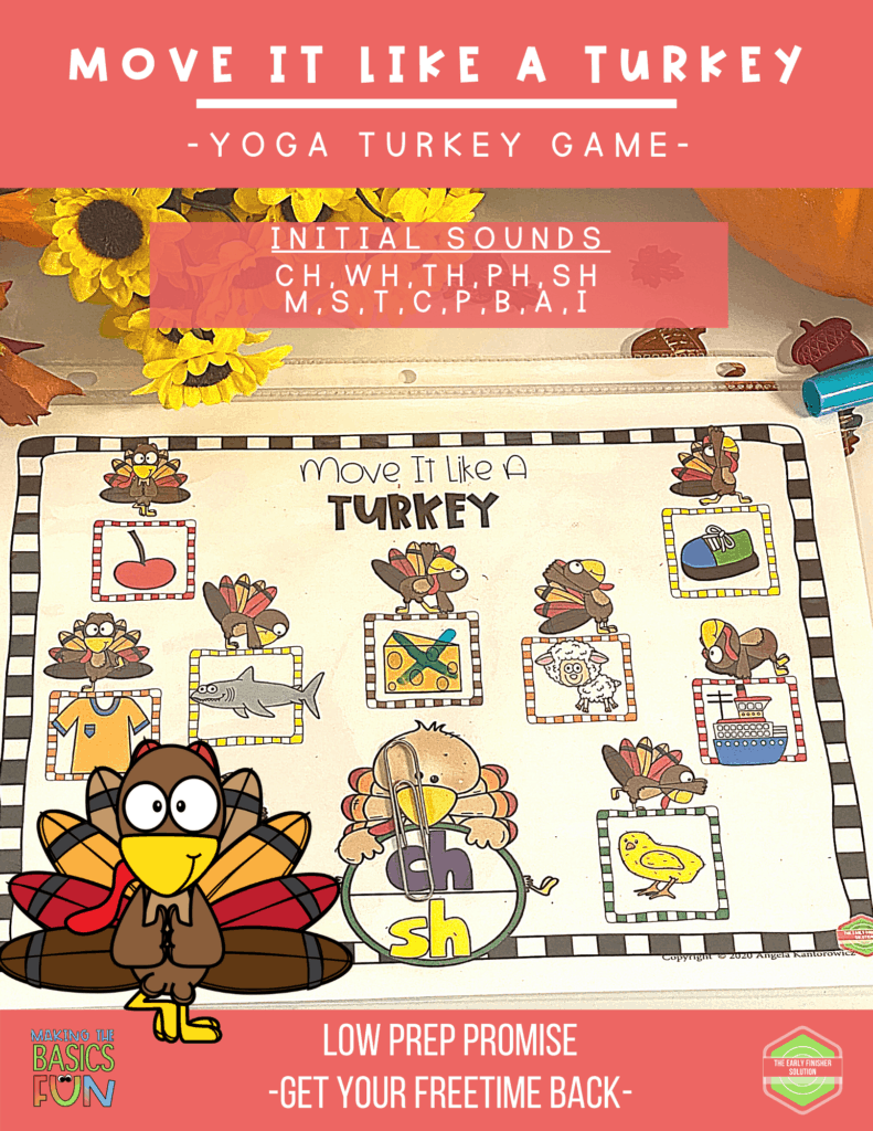 Move It Like A Turkey Game on a desk surrounded by yellow sunflower and pumpkin. A cartoon turkey in a yoga pose stands to the left.