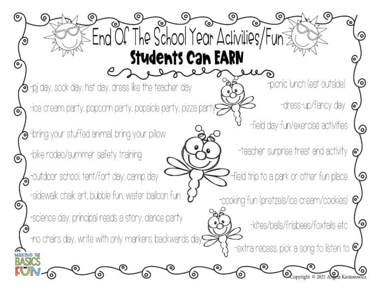 List of activities students can earn at the end of the year