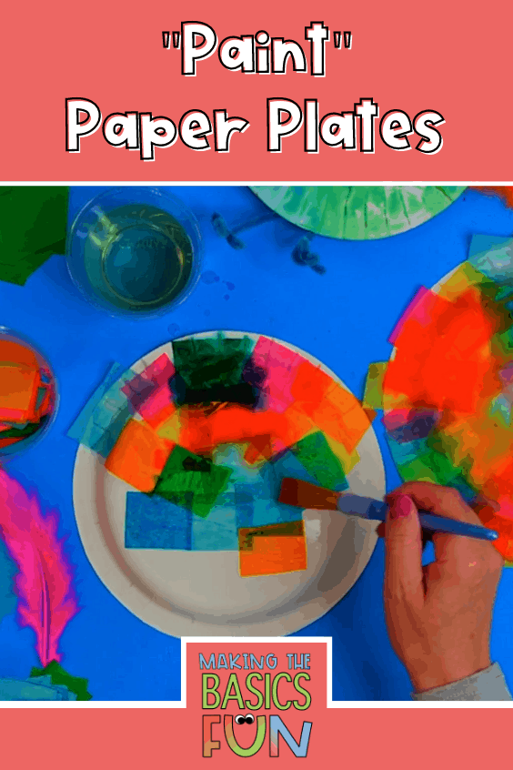 paper plate covered with tissue paper squares. Squares are being covered with a paint brush using water