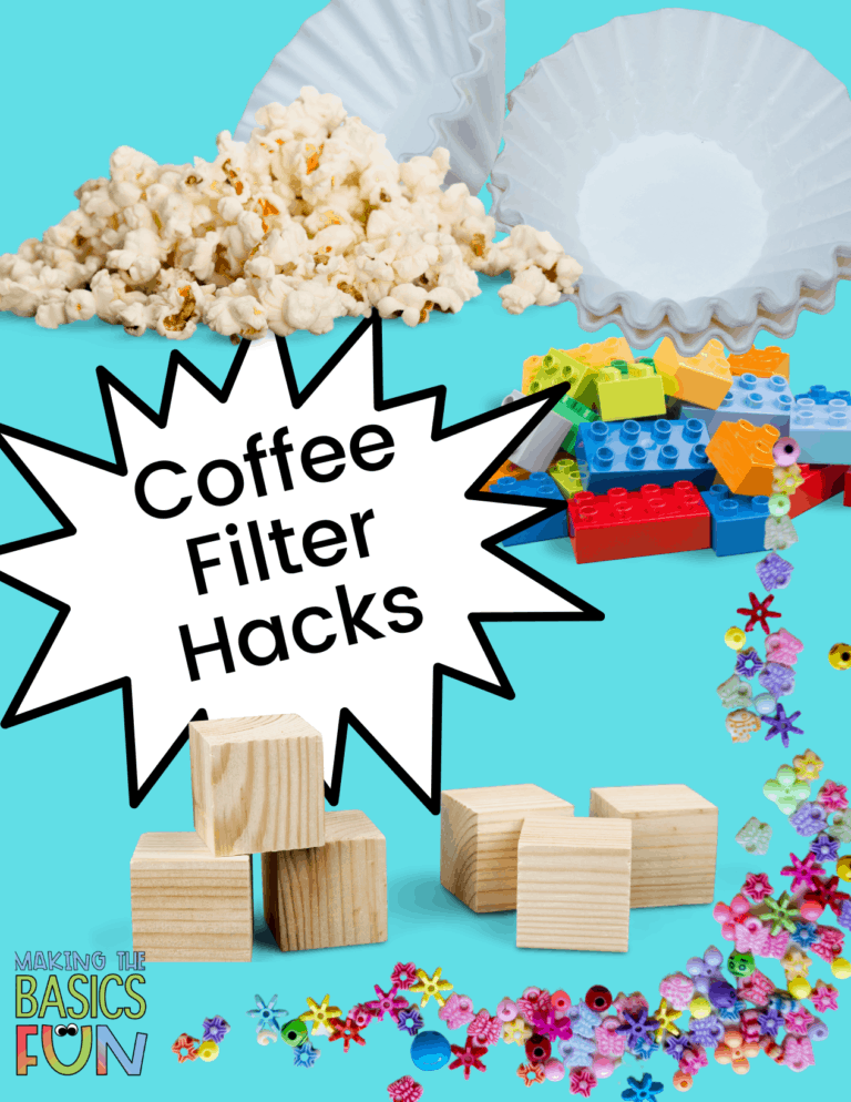 pile of popcorn, coffee filters, Lego pile, wood cubes, various shaped beads.