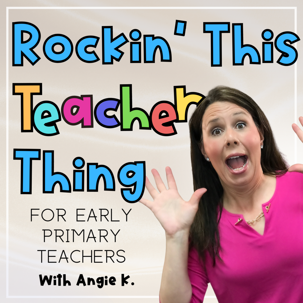 Mulit colored Text "Rockin' This Teacher Thing" Women with surprised look and hands up.
