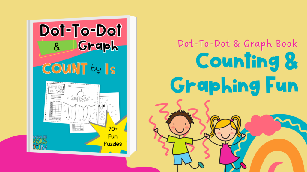 cartoon boy and girl dancing by a cartoon rainbow.- Cover of Dot-to-Dot and Graph count by 1s.