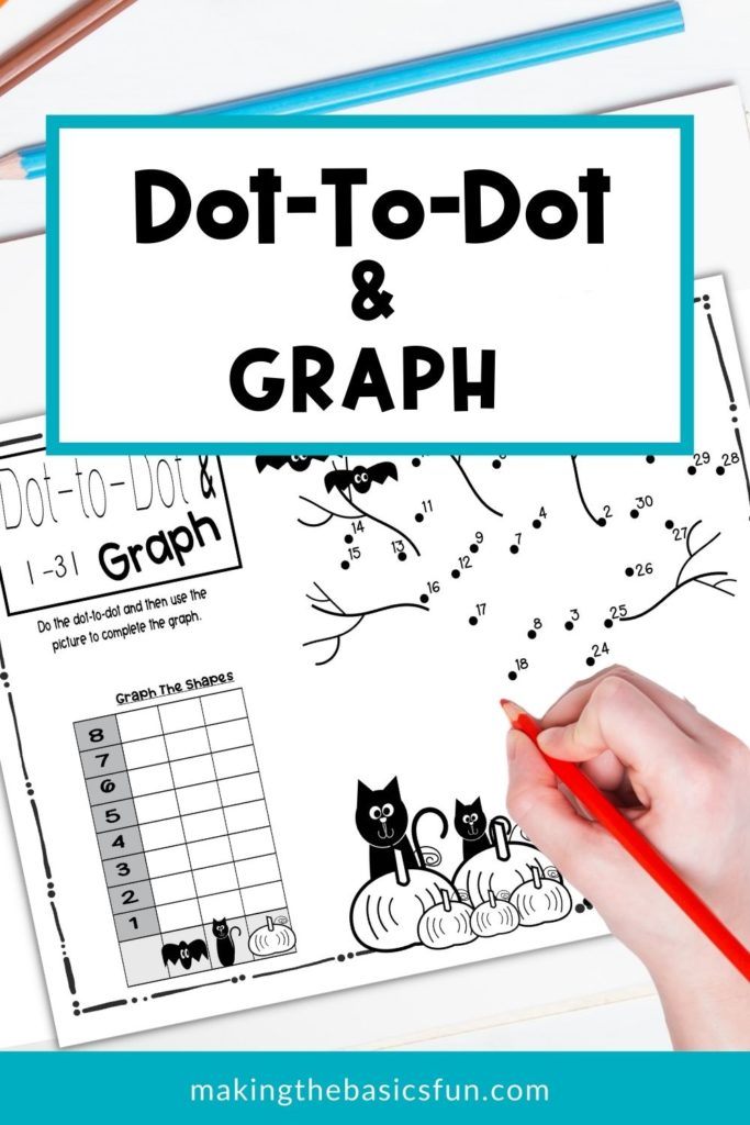 Halloween dot-to-dot and graph spooky tree, graph bats, cats and pumpkins