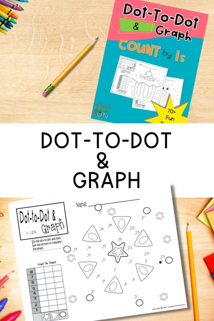 snowflake dot-to-dot and graph puzzle on desk top surrounded by pencil and colored pencils, dot to dot and graph book top picture with crayons