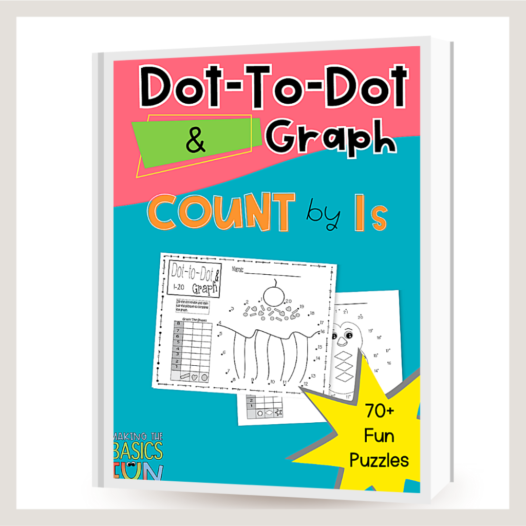 Cover of Dot-to-dot and graph count by 1s math workbook. Cupcake and penguin dot-to-dot with corresponding graph