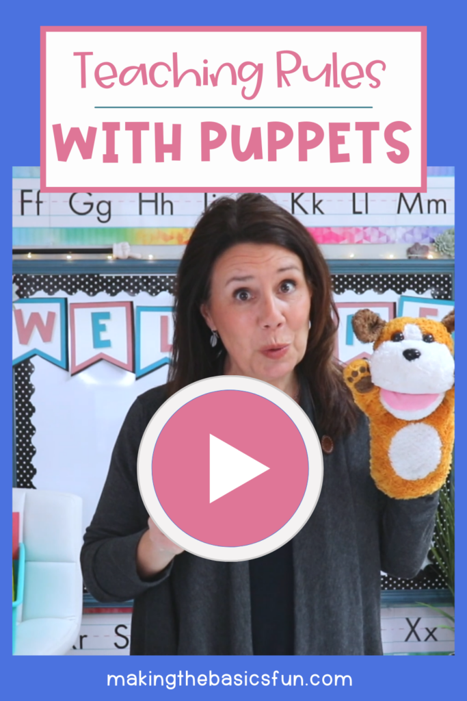 Video button over teacher Angie holding Max the puppet. Teaching rules with puppets