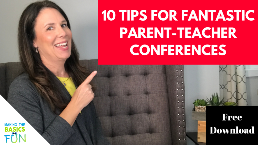 Angie Kantorowicz pointing to "10 Tips For Fantastic Parent Teacher Conferences"