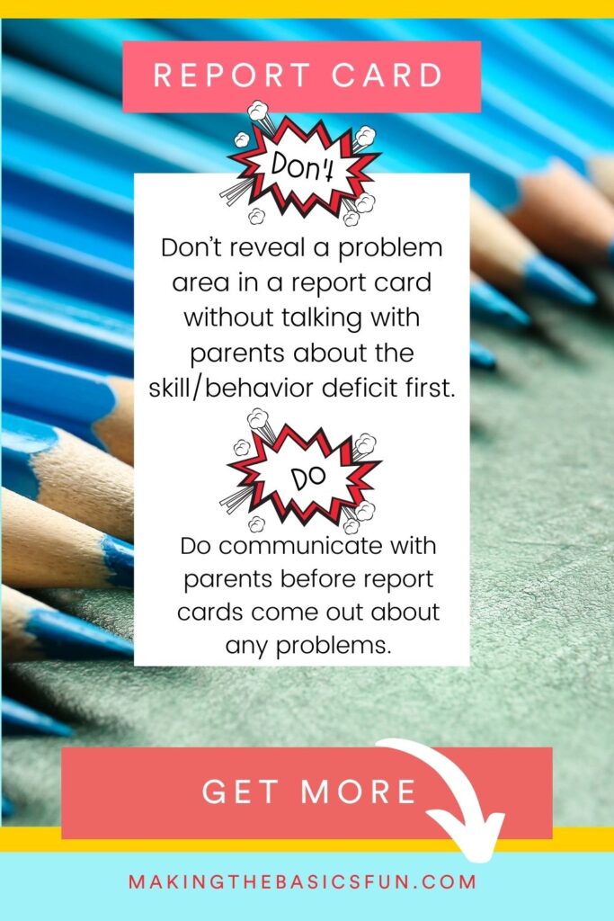 blue colored pencils on table top- report card comments and parents