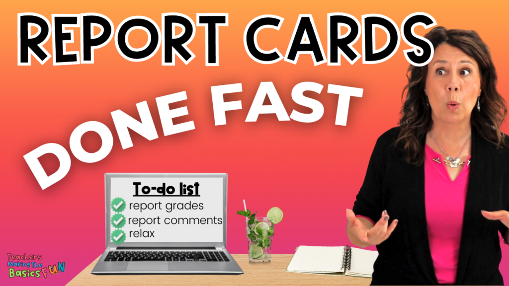 Report cards done fast. Computer with to-do list checked off report grades, report comments, relax