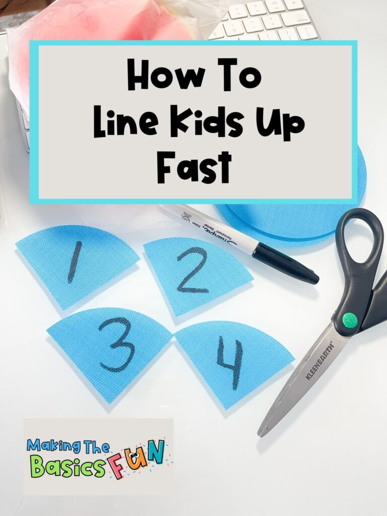 line students up with sit spot cut into 4s and labeled 1-4 to help with lining up kids
